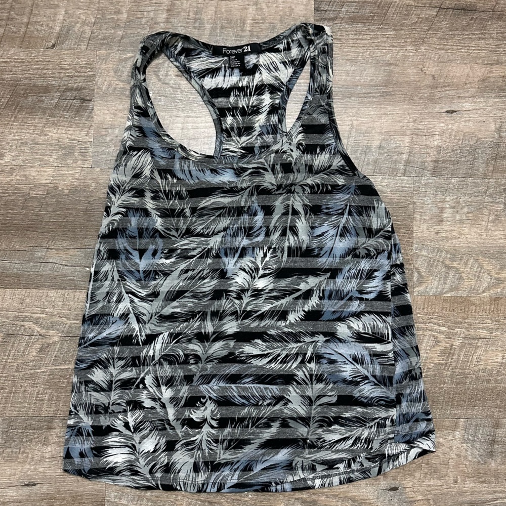 Women’s Black Gray & Blue Feather Printed Racerback Tank Top- Size Small